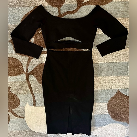 Donna Mizani Long Sleeve Marilyn Off Shoulder Cutout Bodycon Midi Dress in Black - Picture 7 of 10